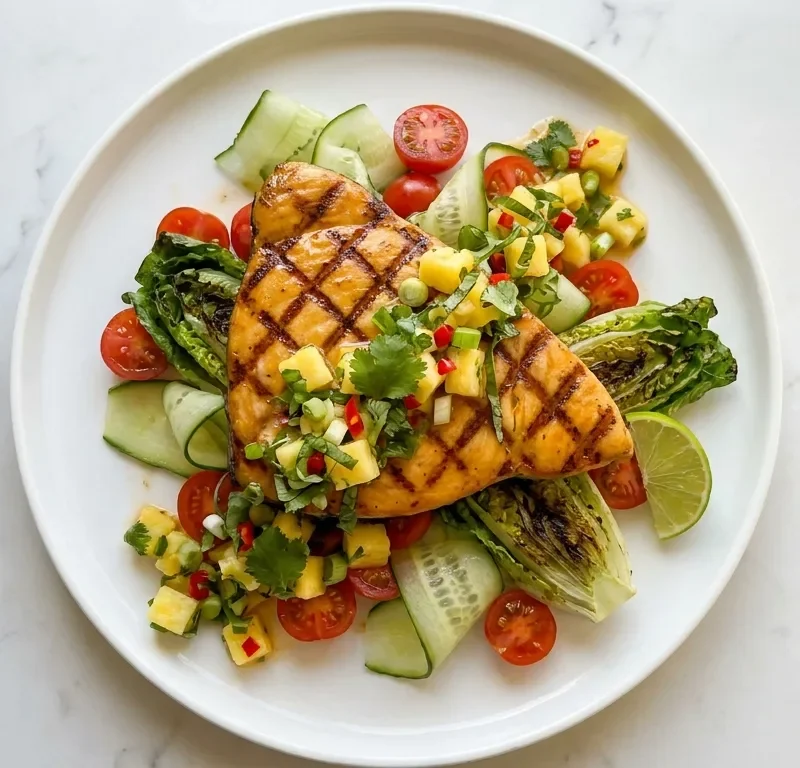 Gordon Ramsay griddled swordfish with pineapple chilli salsa on cherry tomatoes and cucumber