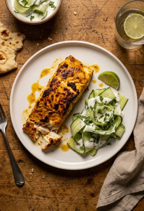 Tandoori halibut fillet with golden orange spiced yogurt crust and char marks served with cucumber ribbon raita mint yogurt and lime on a white plate