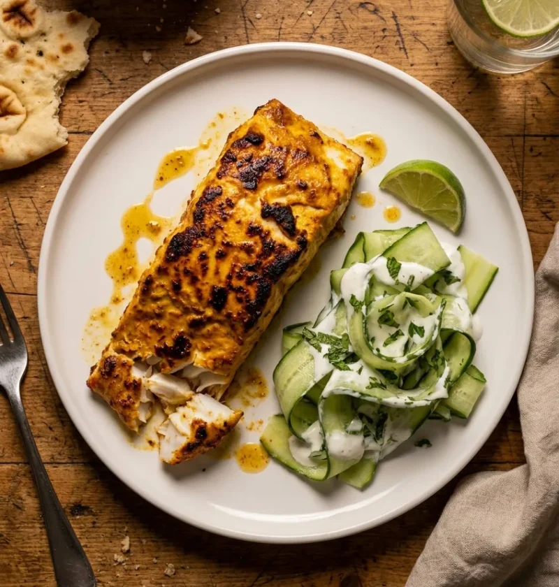 Tandoori halibut fillet with golden orange spiced yogurt crust and char marks served with cucumber ribbon raita mint yogurt and lime on a white plate
