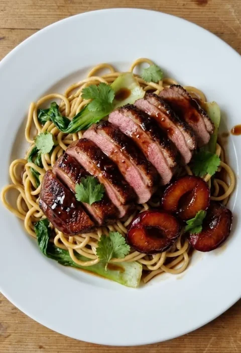 Gordon Ramsay teriyaki duck sliced over noodles and pak choi with sticky caramelised plums and coriander on a white plate