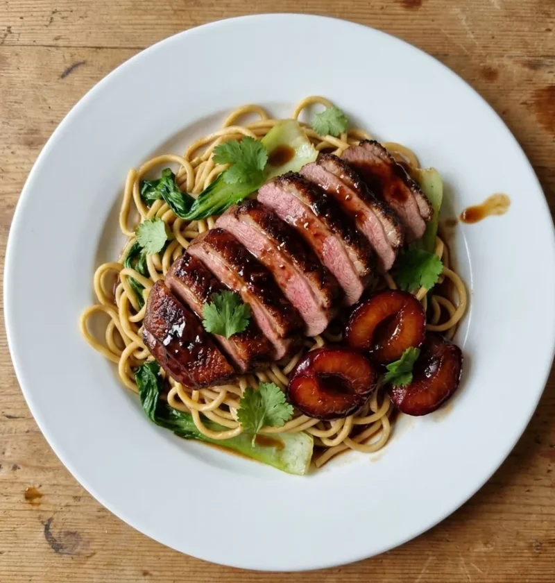 Gordon Ramsay teriyaki duck sliced over noodles and pak choi with sticky caramelised plums and coriander on a white plate