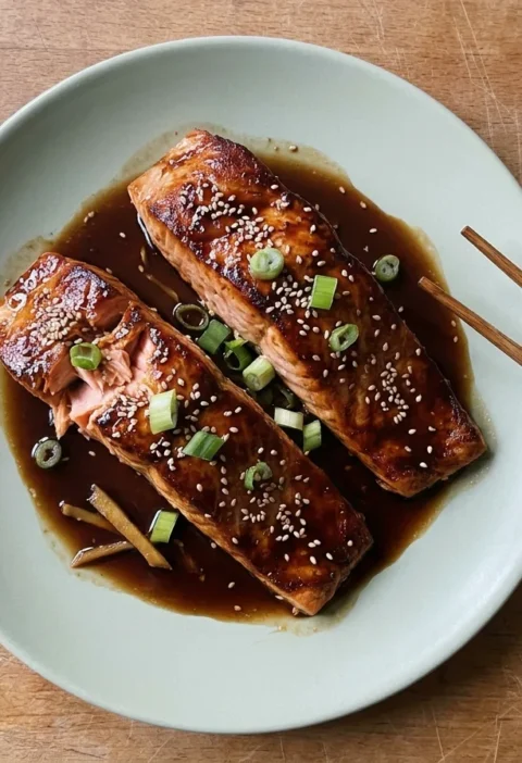 Gordon Ramsay teriyaki salmon fillets in a sticky soy and maple glaze with sesame seeds and spring onion