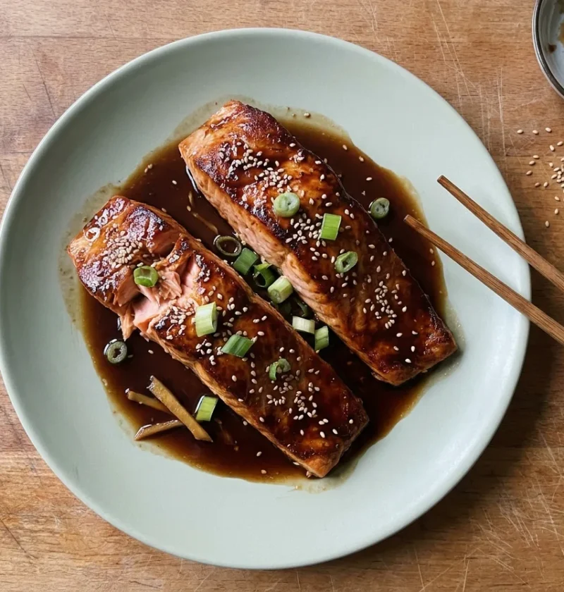 Gordon Ramsay teriyaki salmon fillets in a sticky soy and maple glaze with sesame seeds and spring onion