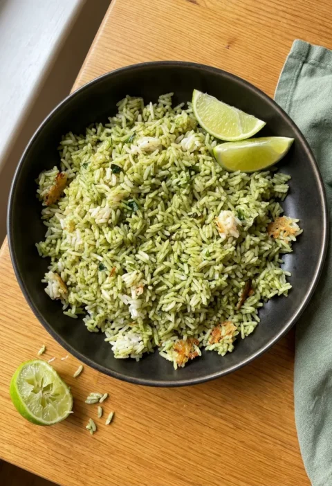 Gordon Ramsay Thai green curry rice in a dark ceramic bowl with lime wedges on a wood table