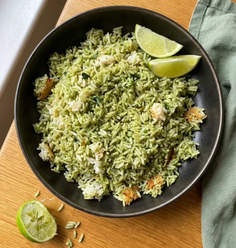 Gordon Ramsay Thai green curry rice in a dark ceramic bowl with lime wedges on a wood table