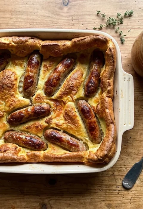 Gordon Ramsay toad in the hole with risen golden batter pork sausages and red onion gravy