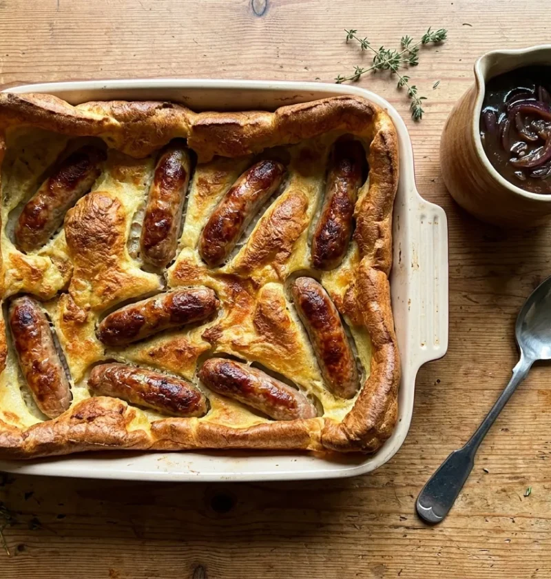 Gordon Ramsay toad in the hole with risen golden batter pork sausages and red onion gravy