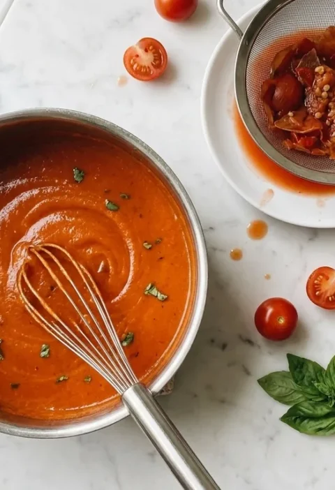 Gordon Ramsay tomato butter sauce: silky glossy tomato sauce with basil in a saucepan with a whisk, next to a sieve holding the strained tomato skins and seeds