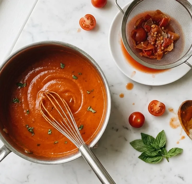 Gordon Ramsay tomato butter sauce: silky glossy tomato sauce with basil in a saucepan with a whisk, next to a sieve holding the strained tomato skins and seeds