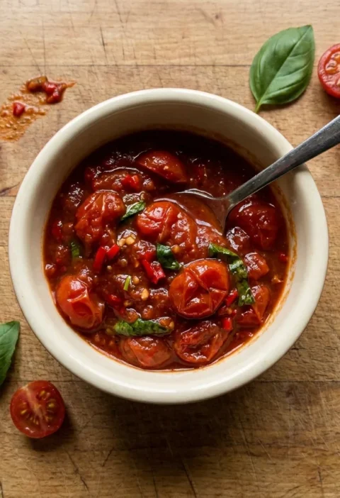 Gordon Ramsay tomato relish, rough stewed cherry tomatoes with red chilli, onion and basil in a bowl with a spoon