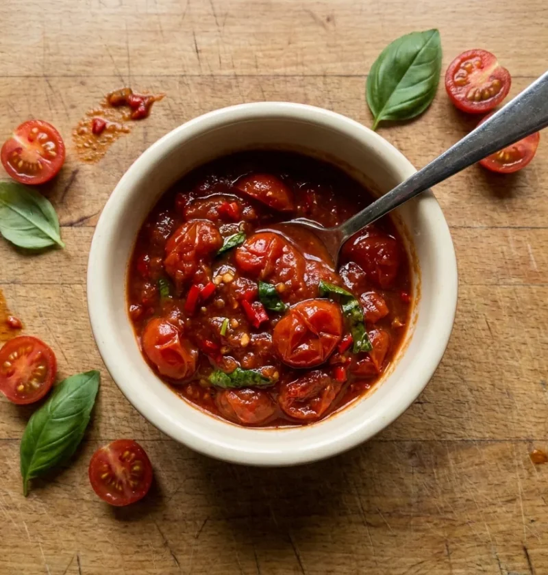 Gordon Ramsay tomato relish, rough stewed cherry tomatoes with red chilli, onion and basil in a bowl with a spoon