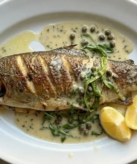 Gordon Ramsay whole baked rainbow trout with diagonal score marks pale creamy caper butter sauce green sorrel and lemon wedges on a white oval plate overhead view