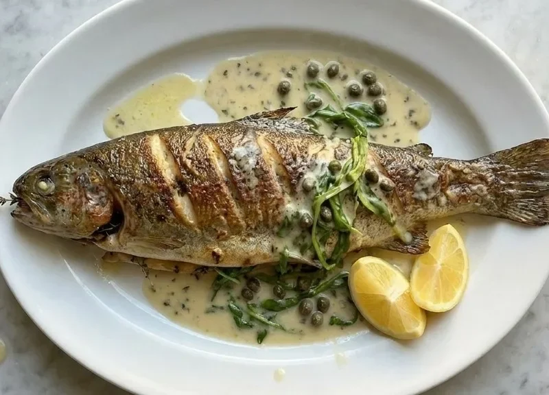 Gordon Ramsay whole baked rainbow trout with diagonal score marks pale creamy caper butter sauce green sorrel and lemon wedges on a white oval plate overhead view