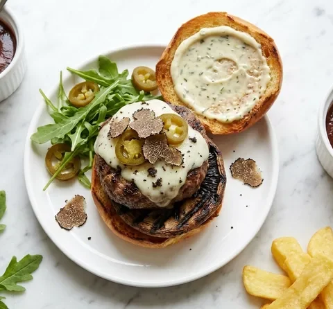 Gordon Ramsay truffle burger with truffled goat's cheese, fresh truffle shavings, grilled portobello, pickled jalapenos and herb truffle mayo on brioche with bourbon ketchup and chips