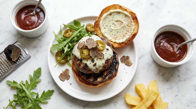 Gordon Ramsay truffle burger with truffled goat's cheese, fresh truffle shavings, grilled portobello, pickled jalapenos and herb truffle mayo on brioche with bourbon ketchup and chips