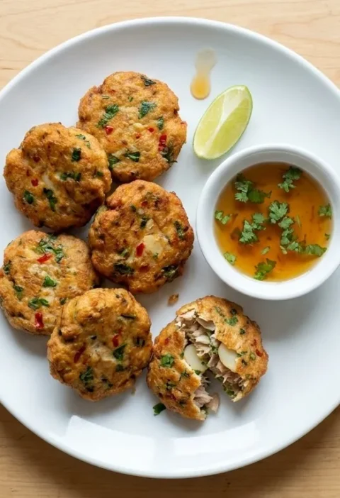 Gordon Ramsay spicy tuna fishcakes golden brown with visible coriander and chilli flecks one broken open showing flaky tuna and water chestnuts with Asian dipping sauce and lime wedge