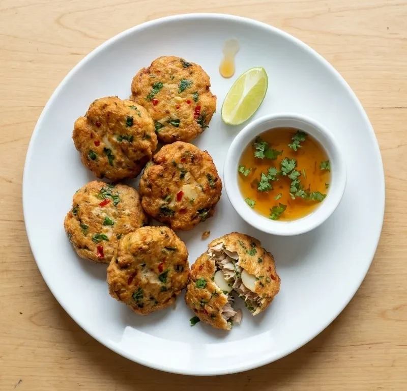 Gordon Ramsay spicy tuna fishcakes golden brown with visible coriander and chilli flecks one broken open showing flaky tuna and water chestnuts with Asian dipping sauce and lime wedge