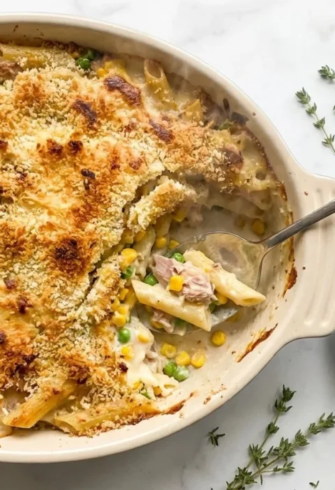 Gordon Ramsay tuna pasta bake in a gratin dish with golden breadcrumb and cheese topping penne tuna sweetcorn and peas in creamy bechamel sauce one portion served on a white plate