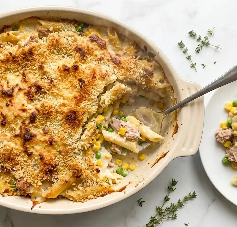 Gordon Ramsay tuna pasta bake in a gratin dish with golden breadcrumb and cheese topping penne tuna sweetcorn and peas in creamy bechamel sauce one portion served on a white plate