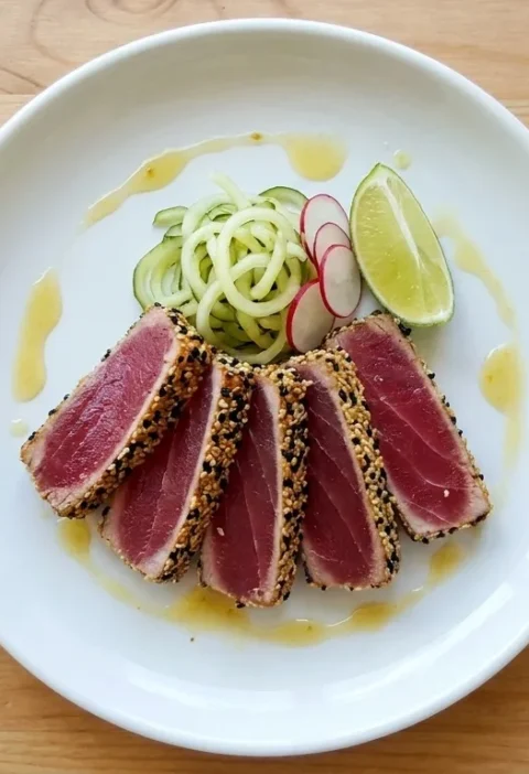 Gordon Ramsay sesame crusted tuna steak sliced showing ruby pink rare centre with black and white sesame seed crust pickled cucumber noodles radish slices lime wedge and yuzu dressing on a white plate