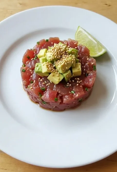 Gordon Ramsay tuna and avocado tartare neat round mound of ruby red diced tuna with chopped chives topped with diced avocado and toasted sesame seeds with lime wedge on a white plate