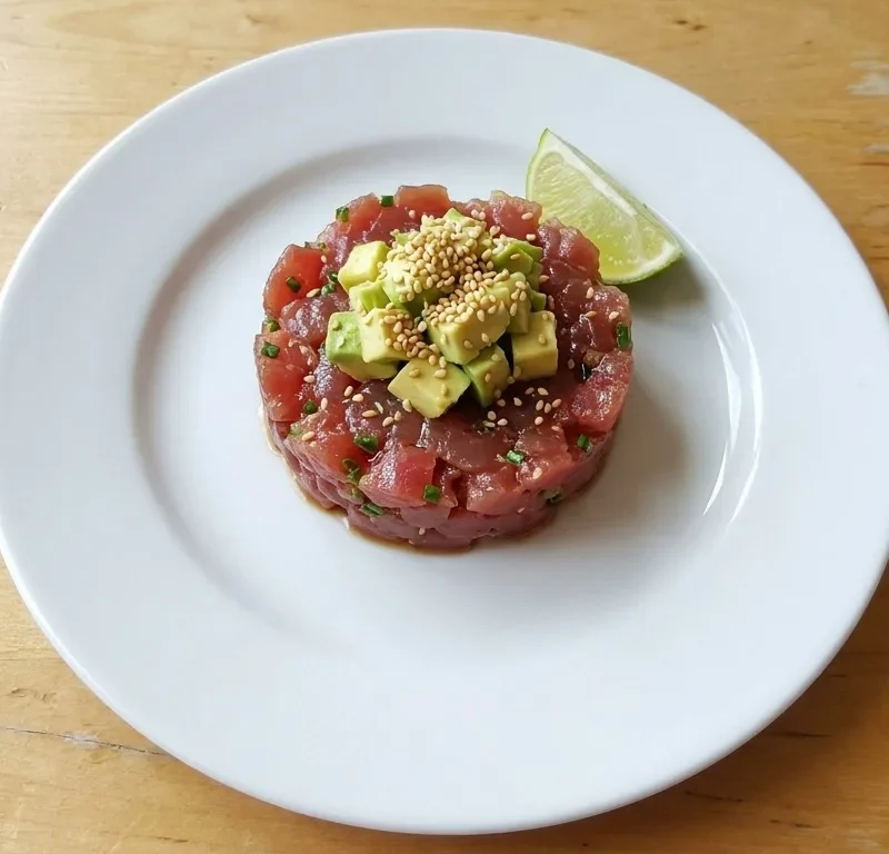 Gordon Ramsay tuna and avocado tartare neat round mound of ruby red diced tuna with chopped chives topped with diced avocado and toasted sesame seeds with lime wedge on a white plate