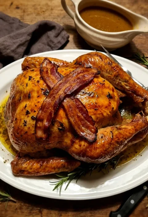 Gordon Ramsay roast turkey with herb butter under the skin and crispy bacon rashers over the breast, resting on a white platter with gravy boat behind