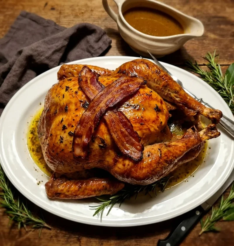 Gordon Ramsay roast turkey with herb butter under the skin and crispy bacon rashers over the breast, resting on a white platter with gravy boat behind