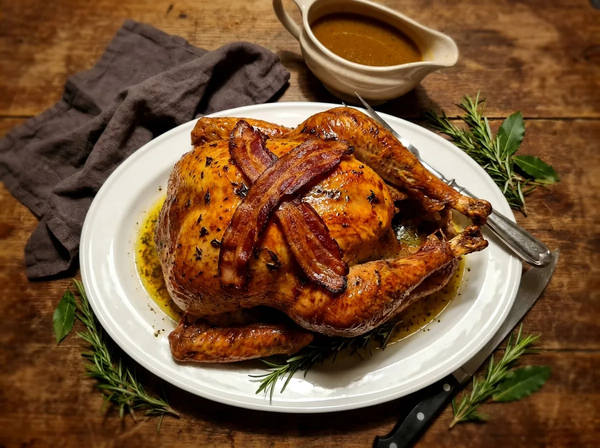 Gordon Ramsay roast turkey with herb butter under the skin and crispy bacon rashers over the breast, resting on a white platter with gravy boat behind