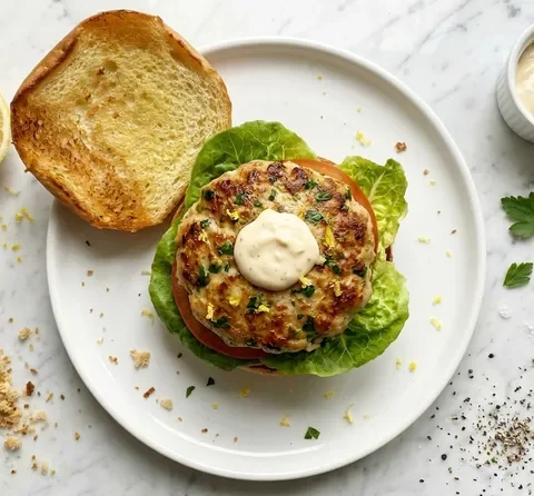 Gordon Ramsay turkey burger with golden pan-fried turkey thigh patty showing parsley and lemon zest, lettuce and tomato on brioche with mayo