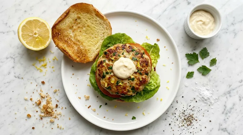 Gordon Ramsay turkey burger with golden pan-fried turkey thigh patty showing parsley and lemon zest, lettuce and tomato on brioche with mayo