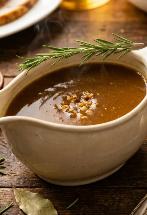 Gordon Ramsay turkey gravy with cider and walnuts in a ceramic gravy boat, dark golden-brown with crushed walnuts and rosemary