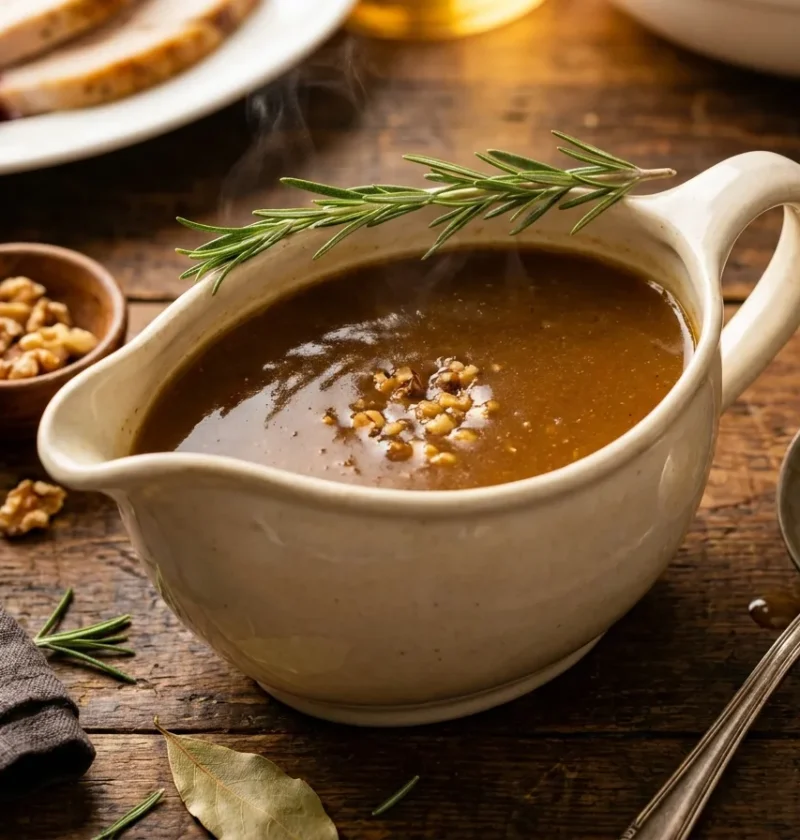 Gordon Ramsay turkey gravy with cider and walnuts in a ceramic gravy boat, dark golden-brown with crushed walnuts and rosemary