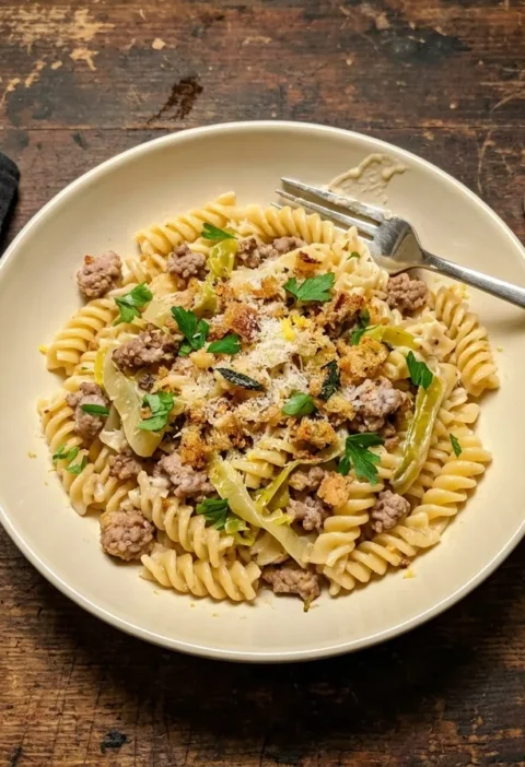 Gordon Ramsay turkey and leek pasta with crispy sage breadcrumbs, fusilli in cream sauce with crumbled turkey mince and Parmesan on a dark wood table