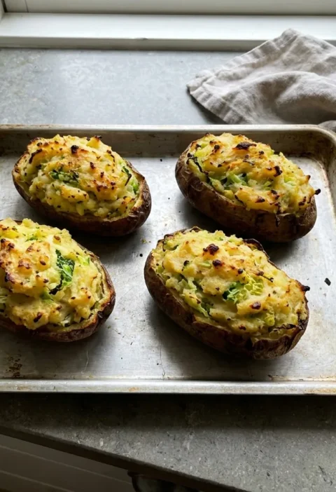 Gordon Ramsay twice baked potatoes, jacket potato shells filled with mash and Savoy cabbage, golden on top