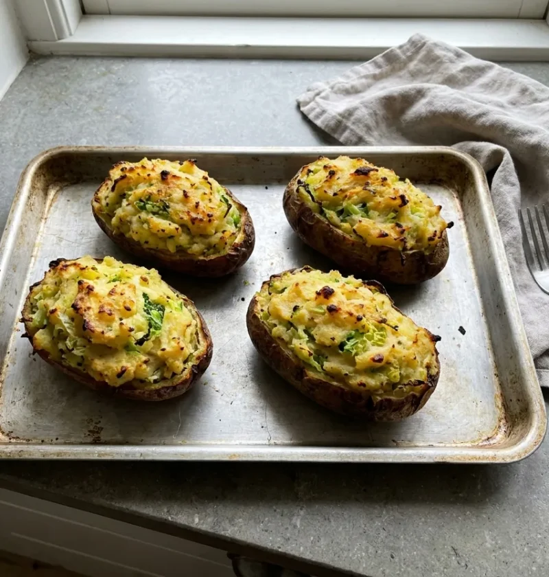 Gordon Ramsay twice baked potatoes, jacket potato shells filled with mash and Savoy cabbage, golden on top