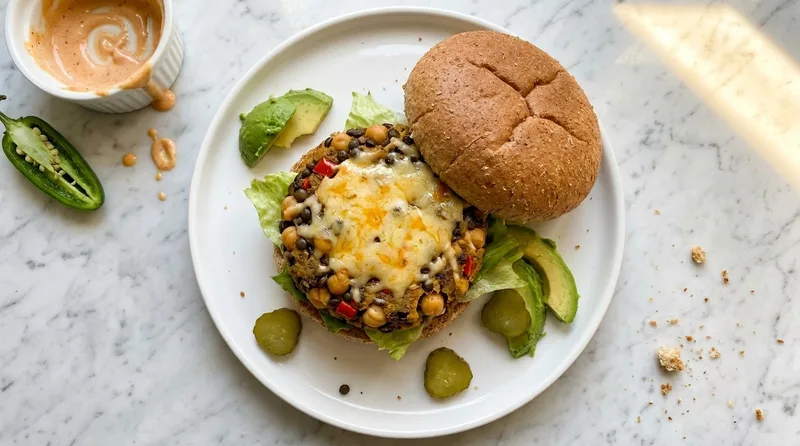 Gordon Ramsay veggie burger with chickpea and Puy lentil patty, melted Cheddar, avocado, gherkins and lettuce on a wholemeal bun with chipotle mayo