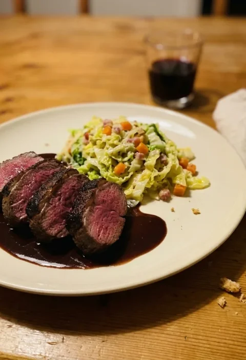 Gordon Ramsay loin of venison sliced pink with red wine and chocolate sauce and creamed cabbage