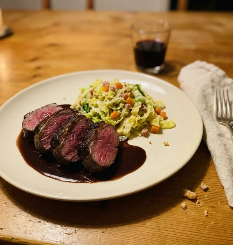 Gordon Ramsay loin of venison sliced pink with red wine and chocolate sauce and creamed cabbage