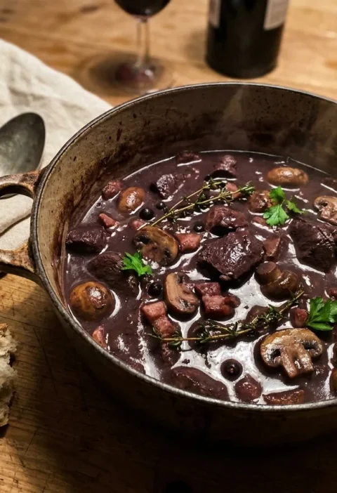 Gordon Ramsay venison stew in cast iron pot with dark wine sauce mushrooms bacon and parsley