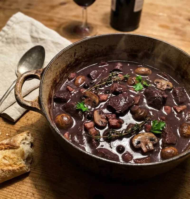 Gordon Ramsay venison stew in cast iron pot with dark wine sauce mushrooms bacon and parsley