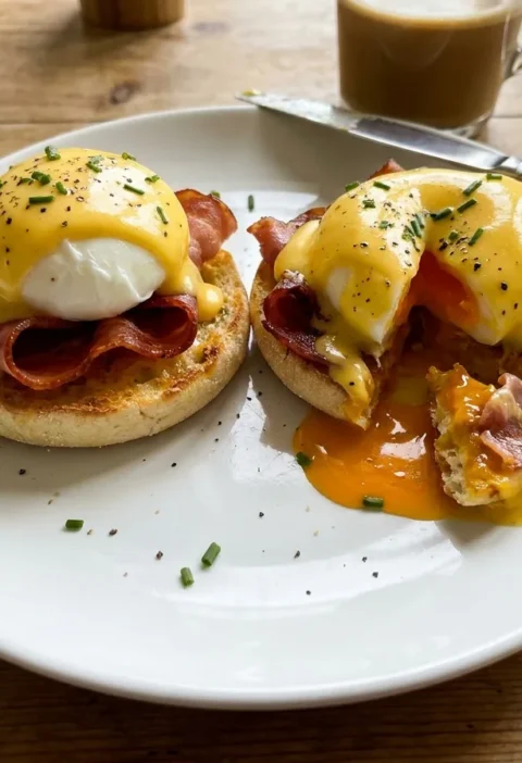 Gordon Ramsay eggs benedict with crispy Parma ham hollandaise sauce and runny poached egg on English muffin