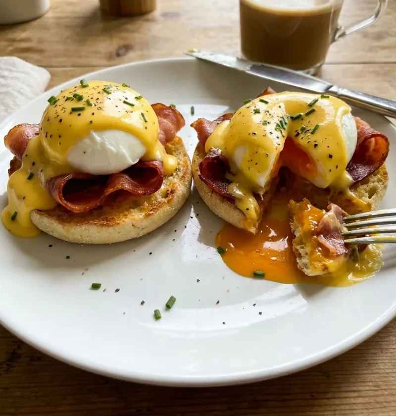 Gordon Ramsay eggs benedict with crispy Parma ham hollandaise sauce and runny poached egg on English muffin