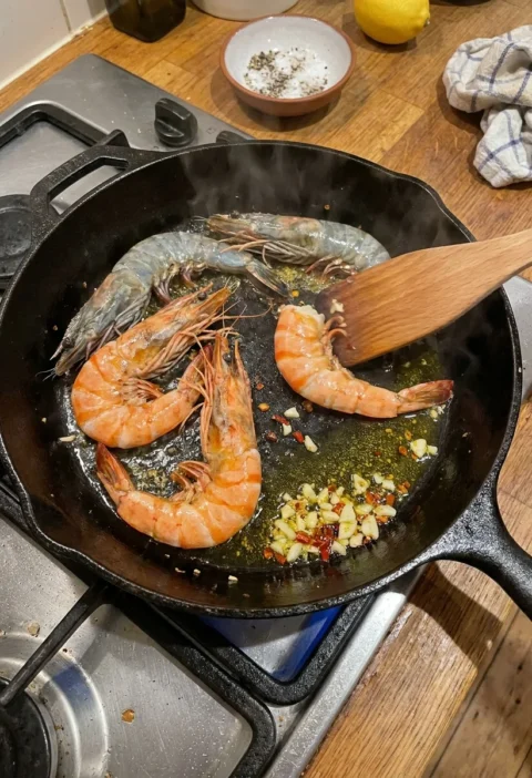 Shell-on tiger prawns searing in a cast iron pan with garlic and chilli on a gas hob