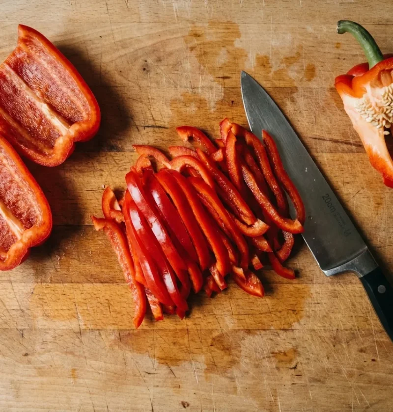 Red bell pepper cut into julienne strips on a board with the seed core removed, Gordon Ramsay method