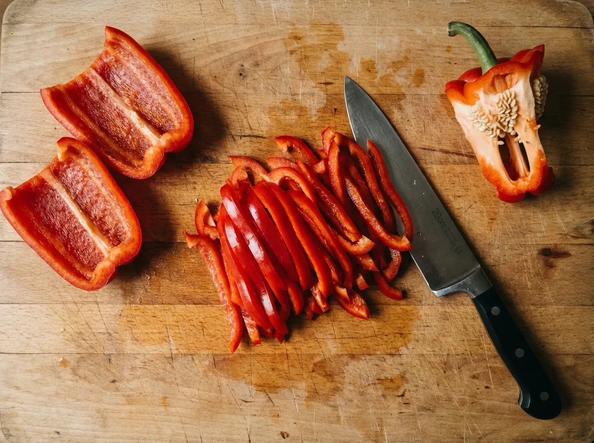 Red bell pepper cut into julienne strips with the seed core removed