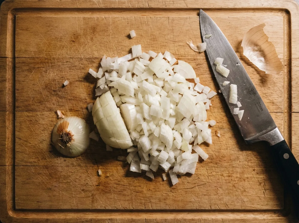 Finely diced onion on a board using Gordon Ramsay’s method
