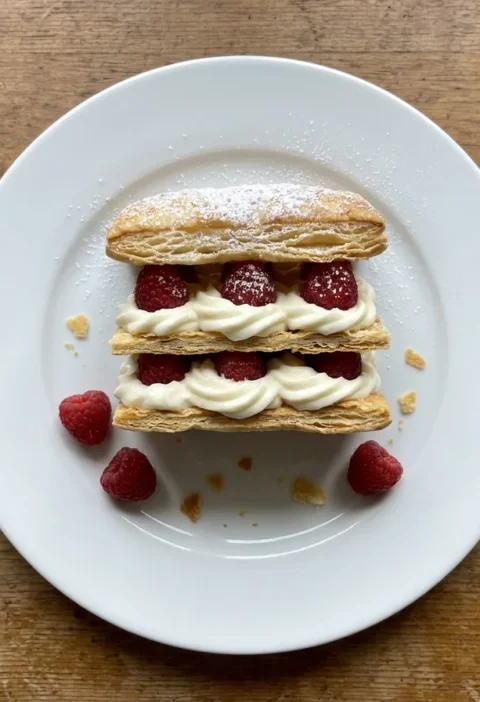 Raspberry millefeuille, layers of caramelised puff pastry with vanilla cream and fresh raspberries dusted with icing sugar