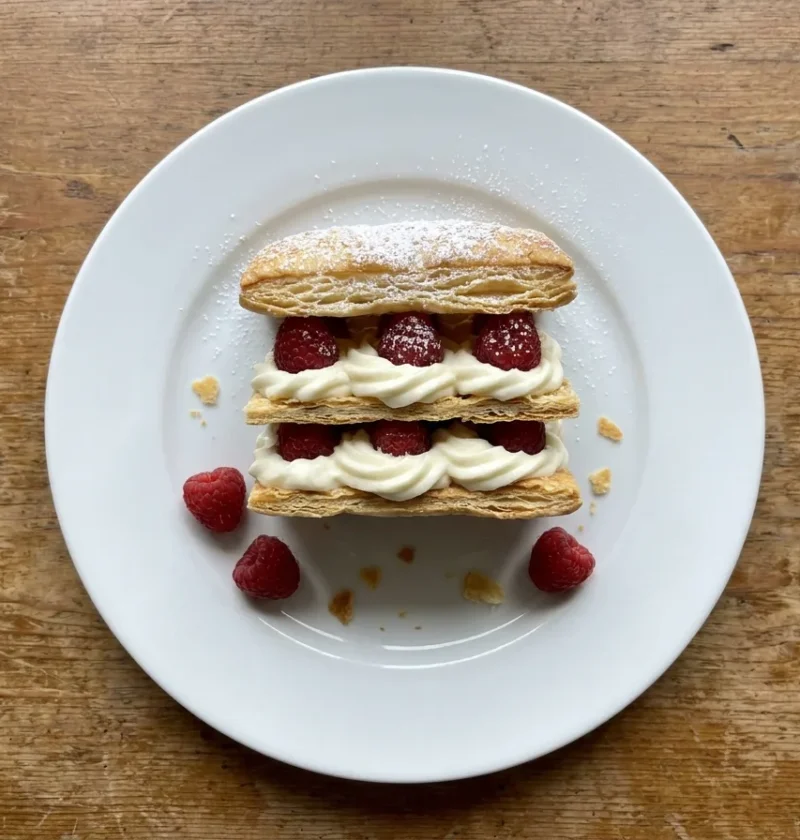 Raspberry millefeuille, layers of caramelised puff pastry with vanilla cream and fresh raspberries dusted with icing sugar