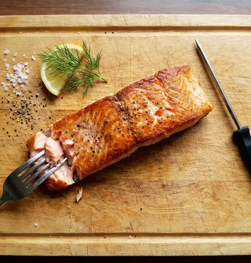 Cooked salmon fillet flaked open with a meat thermometer, salmon cooking times and temperatures
